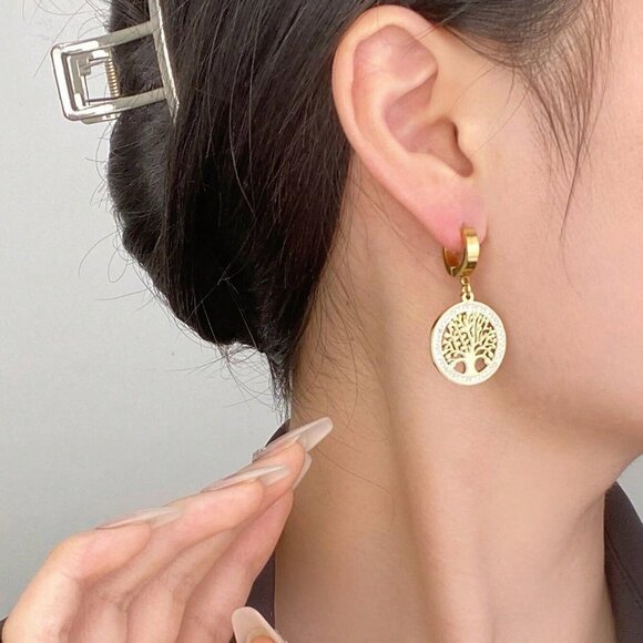 Dangle Earrings, Stainless Steel Rhinestone Tree Of Life Elegant Hanging Earring - Picture 2 of 4